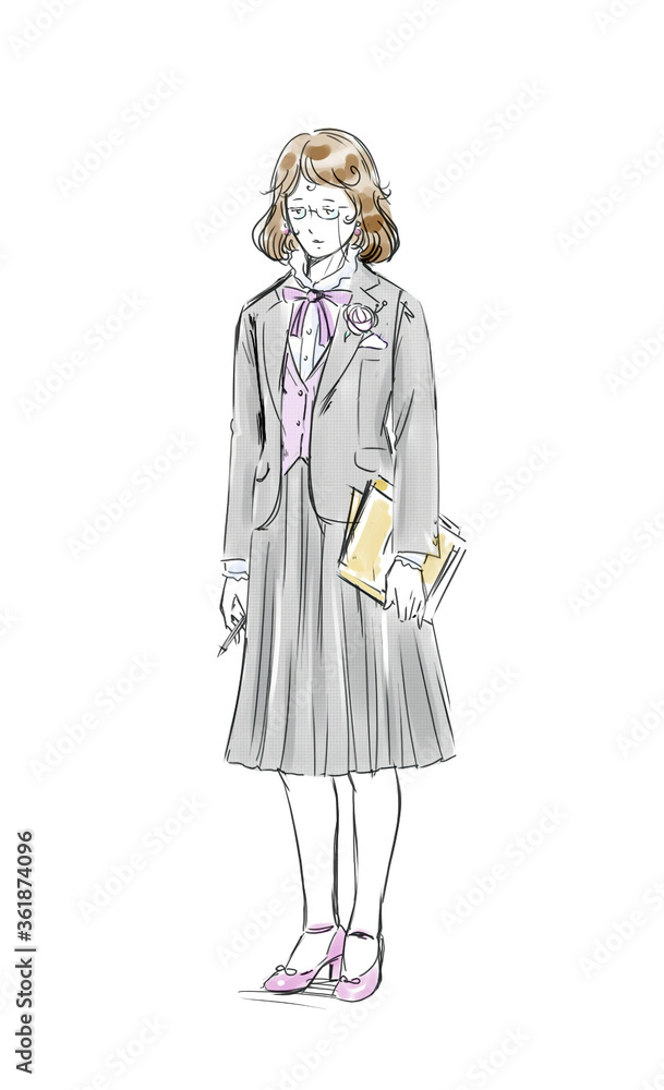 Artistic sketch on a formal dress code for a young student lady in the style of 1960s holding a folder and a pencil in her hands Artistic sketch on a formal dress code for a young student lady in the style of 1960s holding a folder and a pencil in her hands