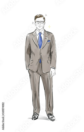 Artistic sketch on a formal dress code for a middle ageed business men or politicians in the style of 1970s