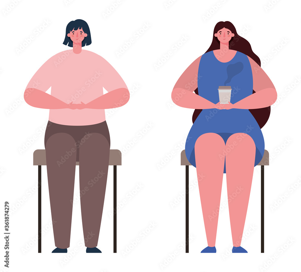 women avatars sitting in chairs with coffee mug design, Woman girl female person and people theme Vector illustration women avatars sitting in chairs with coffee mug design, Woman girl female person and people theme Vector illustration