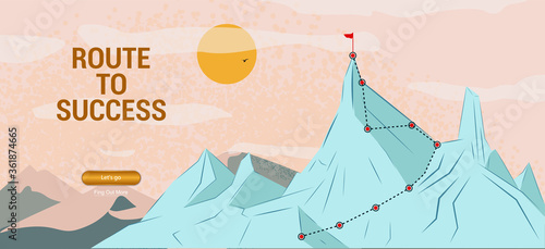Web banner, Route to the top, Mountain journey path, concept business success. Challenge career path with achieving goals, growth plan and success. Business climbing. Route to the top. Vector image
