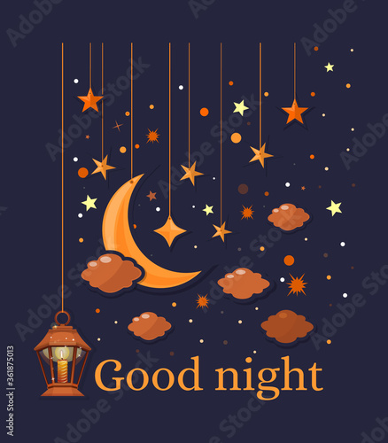 Good night. Sleeping time design with crescent moon, stars and lamp with a candle. Vector illustration