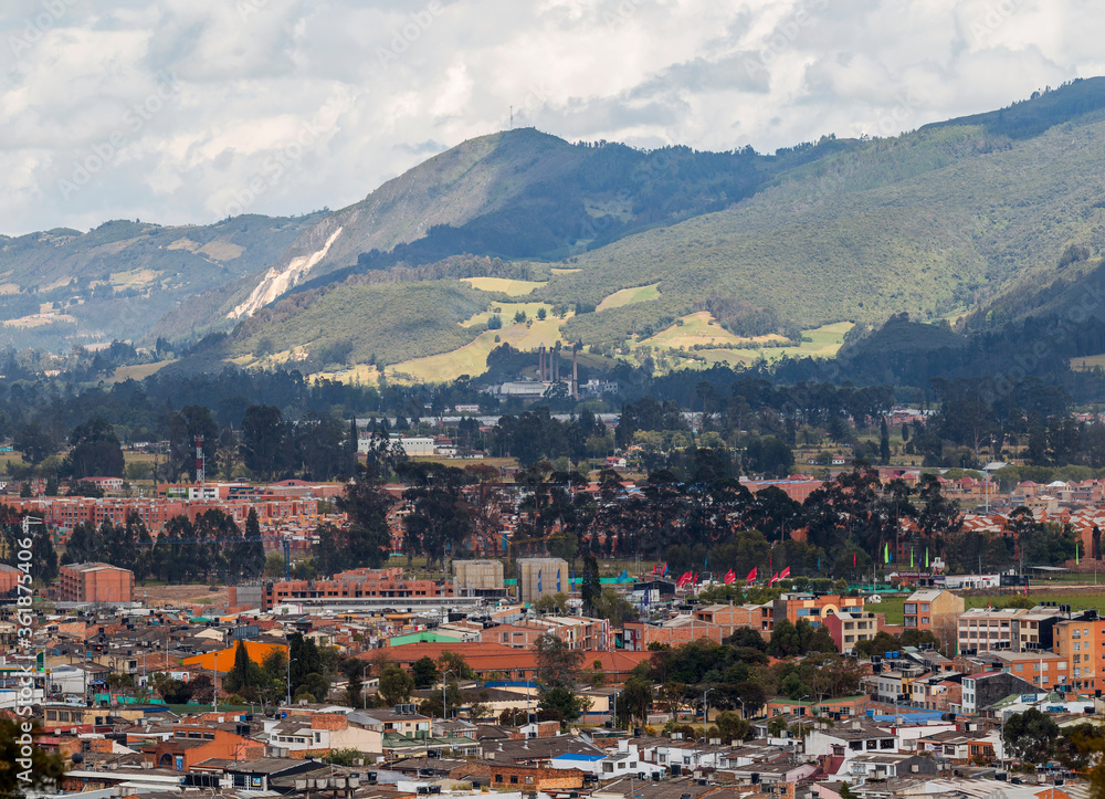 Areal view of the main square in Zipaquira. The town is primarily known for its Salt Cathedral, an underground church built inside a salt deposit in a tunnel.