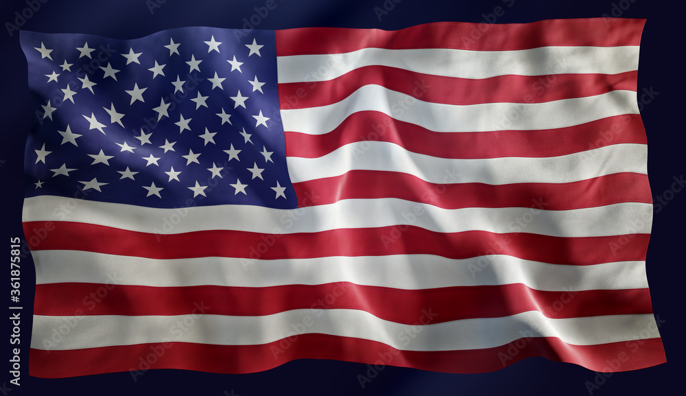 Naklejka premium USA American Flag Waving in the Wind, Closeup, Highly Detailed with Seam Marks and Textures, 3D Illustration
