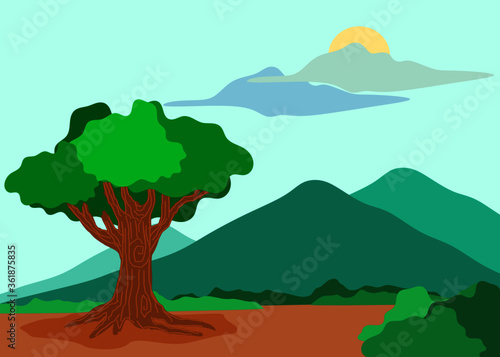 vector illustration of a mountain landscape with tree bush clouds and sun 