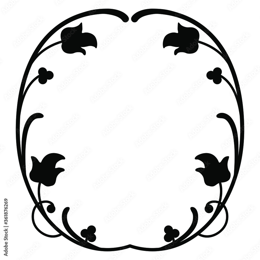 Oval floral decor or frame with vintage motifs. Black silhouette on