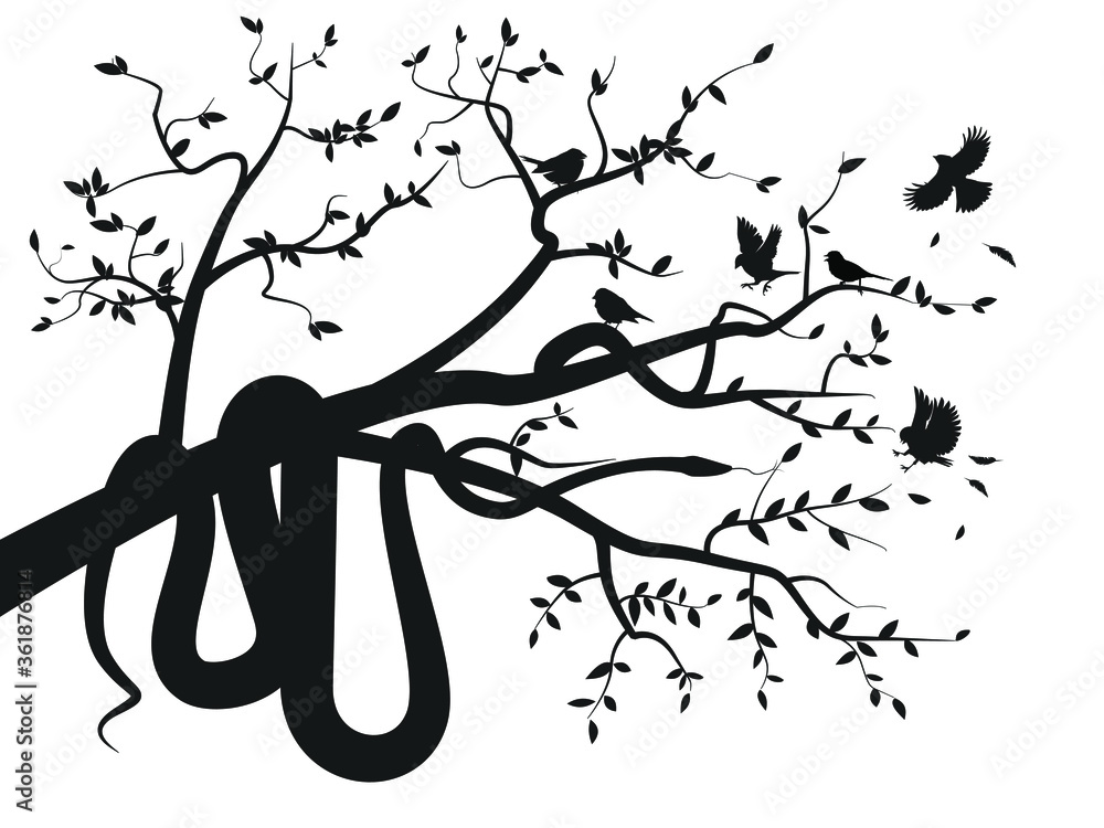 Viper snake silhouette in tree hunting bird