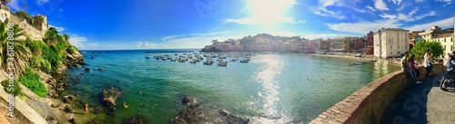 Panorama view on the Spiagga del Silenzio Bay of Silence in Italian Sestri Levante in bright sunlight