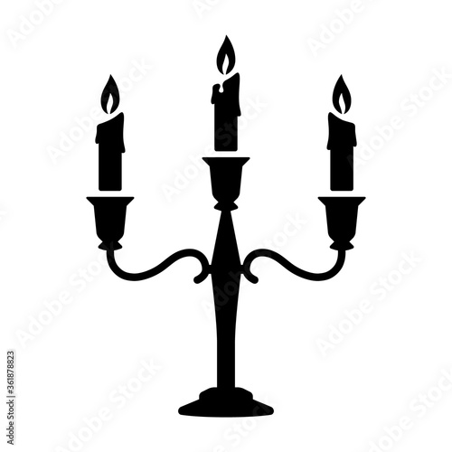 Candlestick or chamberstick candle holder with three arms and candles flat vector icon for apps and websites