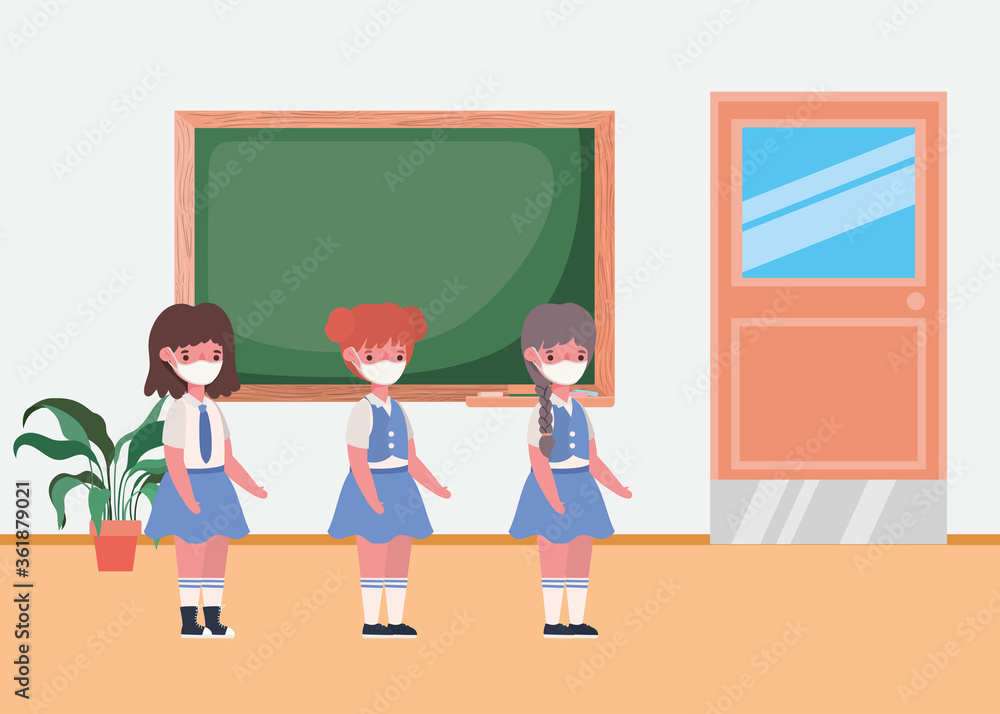 Girls kids with masks in classroom design, Back to school theme Vector illustration