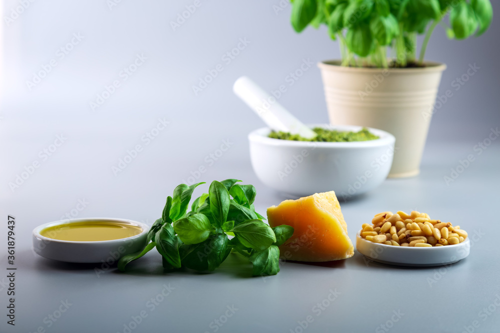 IIngredients for homemade basil sauce pesto. Fresh basil, parmesan, nuts. Copy space. Selective focus. IIngredients for homemade basil sauce pesto. Fresh basil, parmesan, nuts. Copy space. Selective focus.