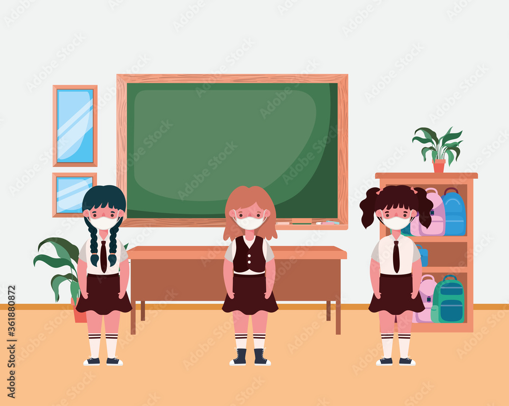 Girls kids with masks in classroom design, Back to school theme Vector illustration