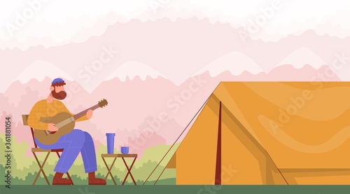 Man plays the guitar. Concept for hiking outdoors. Color cartoon flat vector illustration.