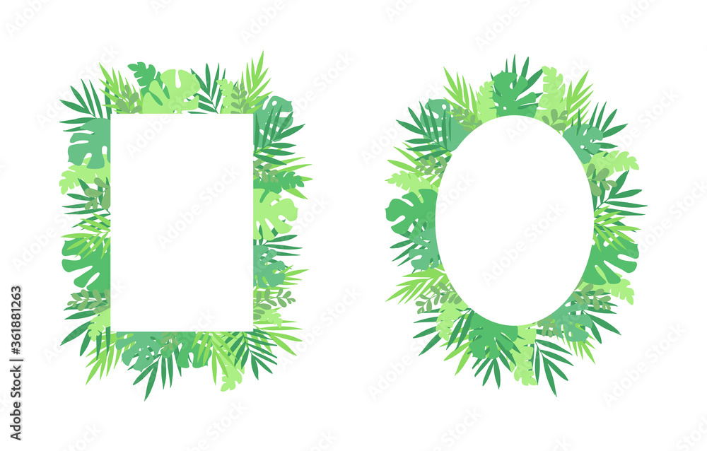 Tropical palm leaves frames, natural exotic concept border vectors, green jungle leaf wreath card background Tropical palm leaves frames, natural exotic concept border vectors, green jungle leaf wreath card background