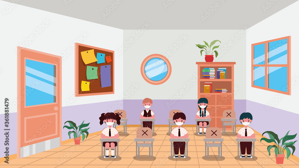 kids with masks in classroom design, Back to school theme Vector illustration kids with masks in classroom design, Back to school theme Vector illustration
