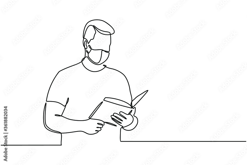 Continuous line drawing of men reading books use protective masks on their faces against infectious viruses. Men reading books and wear masks to protect against the SARS-Covid-19 disease virus Continuous line drawing of men reading books use protective masks on their faces against infectious viruses. Men reading books and wear masks to protect against the SARS-Covid-19 disease virus