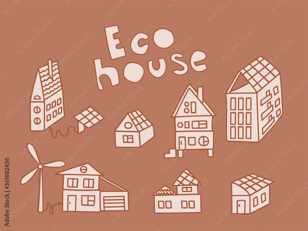 Set of houses and buildings on the roofs of which are solar panels. Eco home concept, solar energy, wind energy. Vector illustration in a flat trendy style for design.