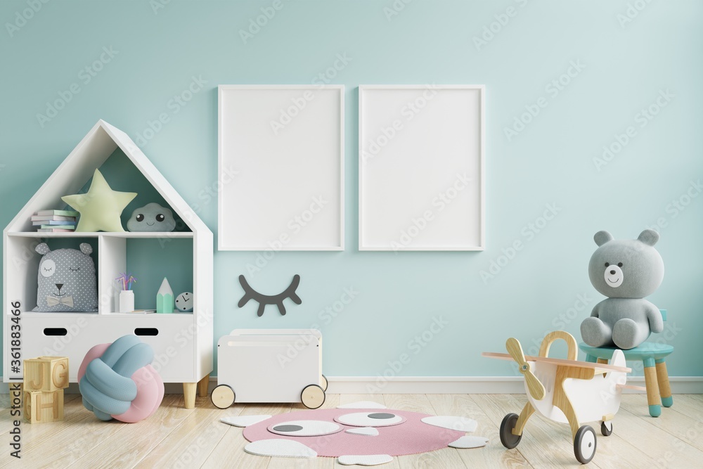 Mock up poster frame in children room,kids room,nursery mockup,blue wall.