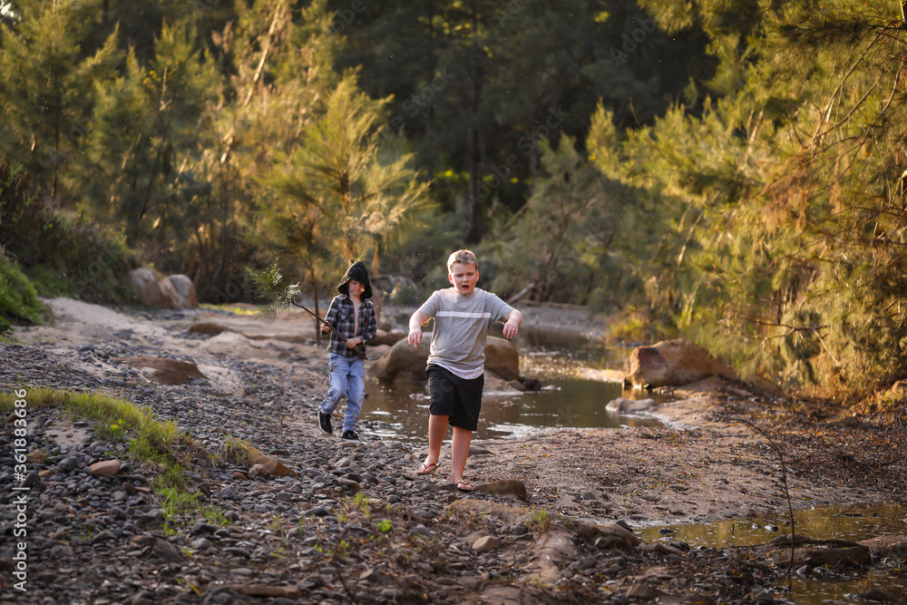 Obraz premium Two young boys walking in the bush