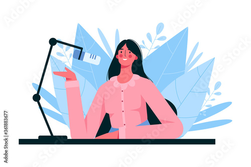 Live streaming, broadcast, radio host flat vector illustration. Female podcaster, broadcaster, blogger cartoon character. Interview, podcast, audio recording in studio.
