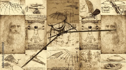 Leonardo Da Vinci Antique Flying Machine Makes Maneuvers And Flies In front Of The Poster With The Inventions Animation photo
