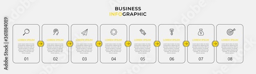 Business Infographic design template Vector with icons and 8 eight options or steps. Can be used for process diagram, presentations, workflow layout, banner, flow chart, info graph