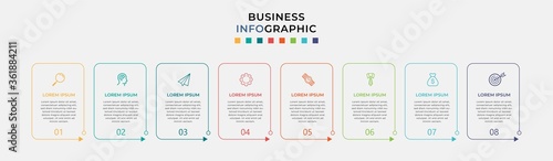 Business Infographic design template Vector with icons and 8 eight options or steps. Can be used for process diagram, presentations, workflow layout, banner, flow chart, info graph
