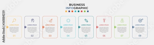 Business Infographic design template Vector with icons and 8 eight options or steps. Can be used for process diagram, presentations, workflow layout, banner, flow chart, info graph