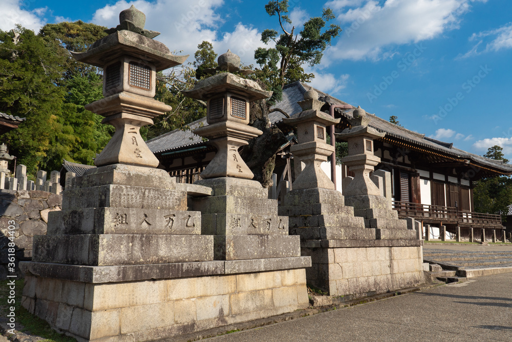 Stone lanterns at Nigatsu-do shrine in Nara Park