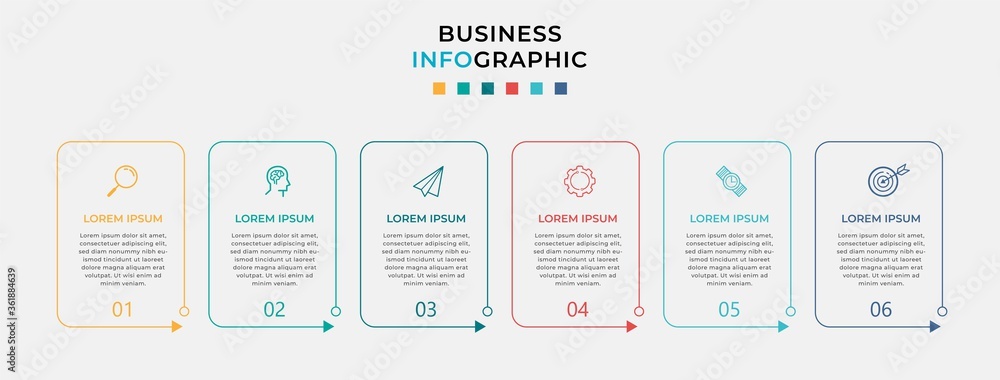 Business Infographic design template Vector with icons and 6 six options or steps. Can be used for process diagram, presentations, workflow layout, banner, flow chart, info graph Business Infographic design template Vector with icons and 6 six options or steps. Can be used for process diagram, presentations, workflow layout, banner, flow chart, info graph