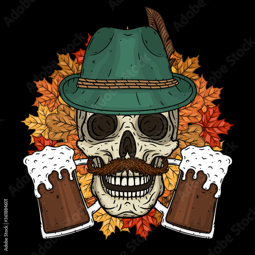 Skull in Tyrolean hat,with autumn leaves and glasses of beer. Illustration for octoberfest or bar design.
