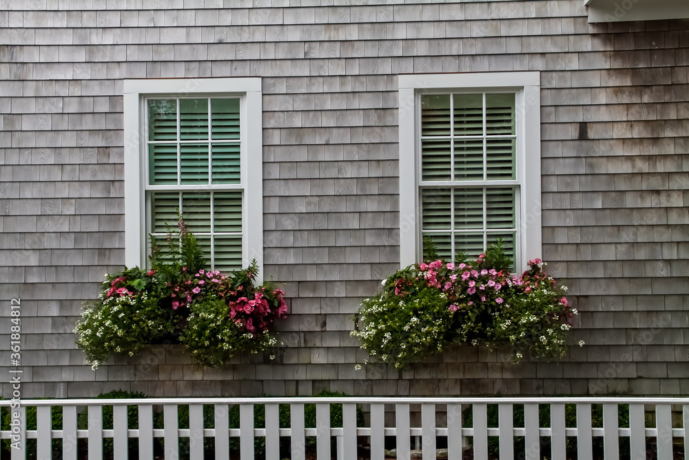 Flower Filled Window Boxes,Edgartown, Martha's Vineyard,Massachusetts, USA