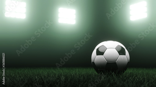 3D rendering. Soccer ball on grass and stadium.