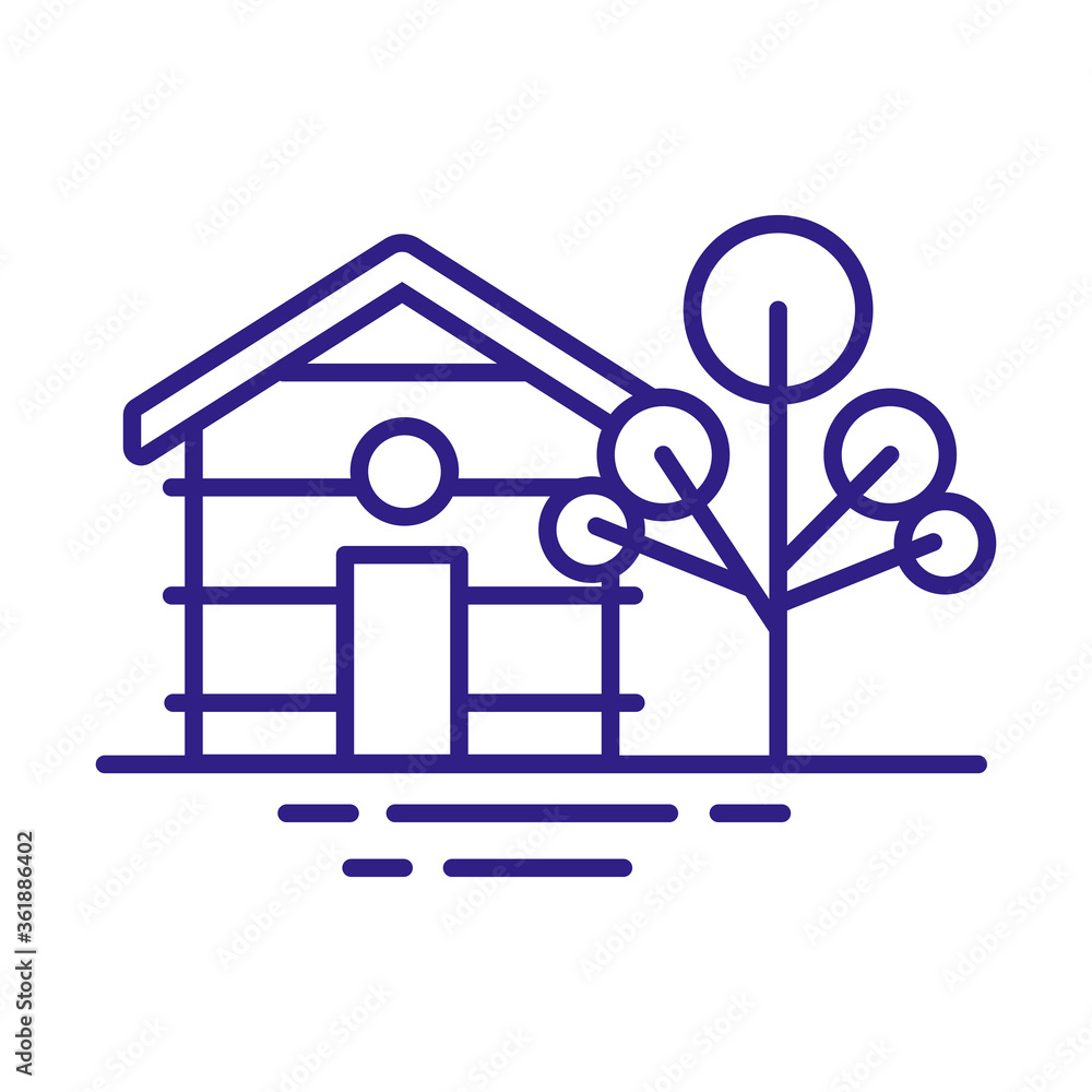 Fototapeta premium wooden house front facade with tree line style icon