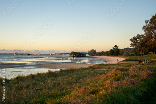 Sunset glow at the beach, with evening glow on the grassy foreshore, sandy beach, birds, and boats moored in the distance. Dunwich, North Stradbroke Island, Moreton Bay, Queensland, Australia.