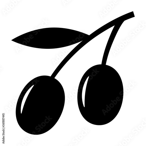 Black olive fruits or olives with leaf flat vector icon for food apps and websites