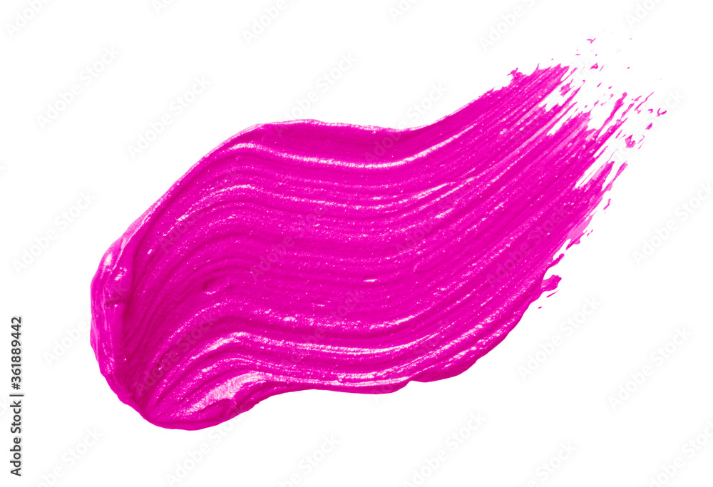 Pink lipstick brush stroke swatch isolated on white background. Bright color creamy makeup smear smudge close up