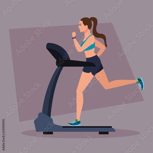 sport, woman running on treadmill, sport person at the electrical training machine vector illustration design