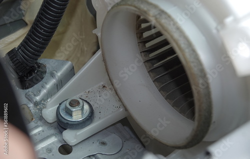 Close up of dirty hybrid battery fan in 2011 Toyota Prius, a maintenance item. 