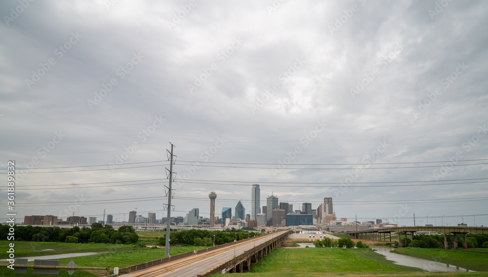 Aerial View of Dallas Skyline With Overcast Skyes and Empty Streets