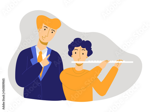 Vector flat illustration teenage boy who is learning to play flute under supervision of teacher. Concept teaching music, classics, wind instruments, flautist, education, performance, training.