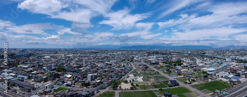 航空撮影した日本の街のパノラマ風景
