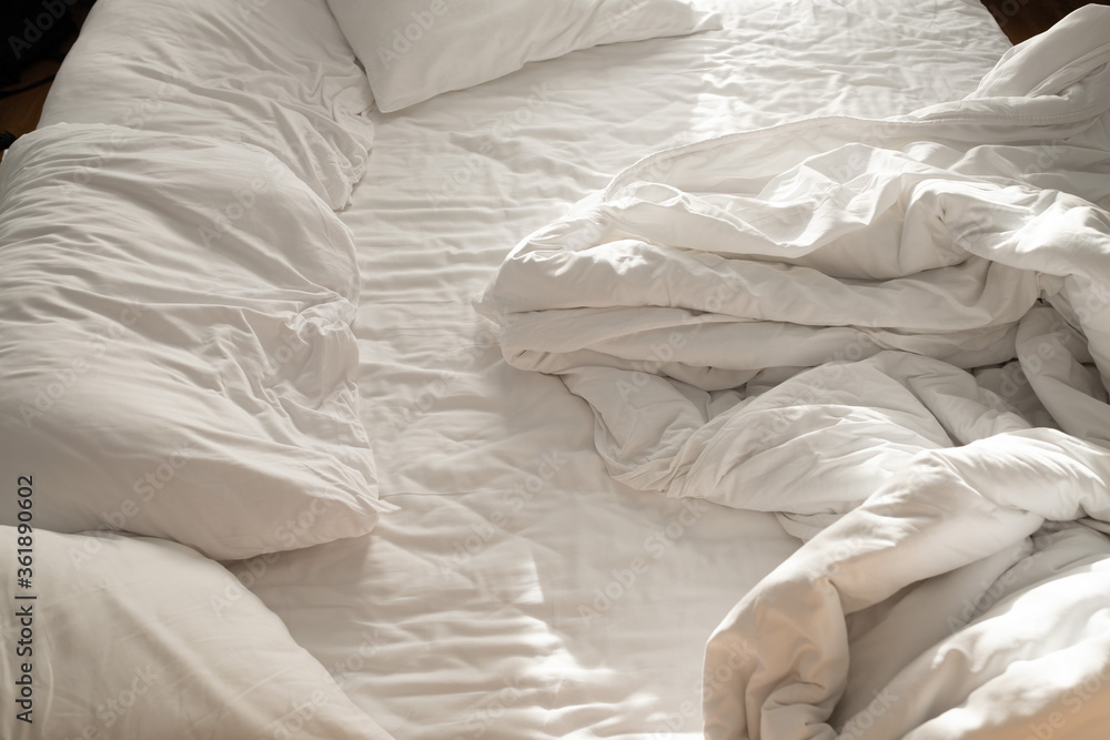 white bed background, after sleep, dirty bed Stock Photo Adobe Stock