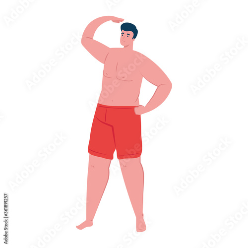 man in shorts red color, happy guy in swimsuit on white background vector illustration design © Gstudio