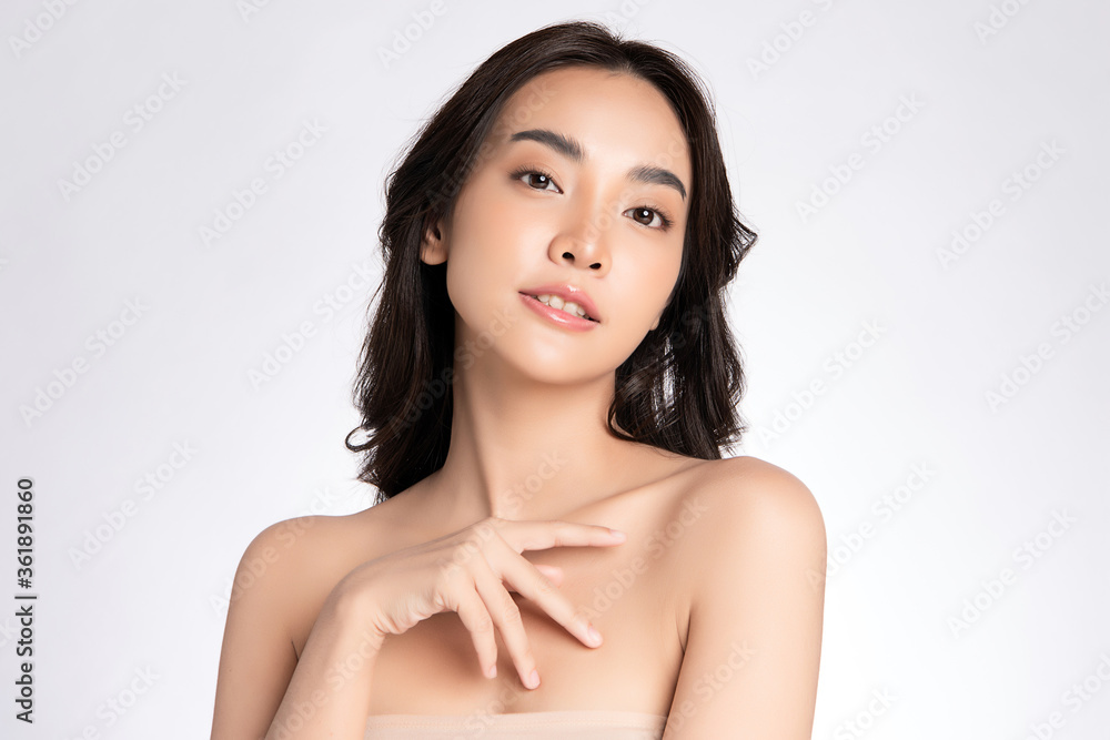 Beautiful Young Asian Woman touching her body with fresh Healthy Skin, isolated on white background, Beauty Cosmetics and Facial treatment Concept. Beautiful Young Asian Woman touching her body with fresh Healthy Skin, isolated on white background, Beauty Cosmetics and Facial treatment Concept.