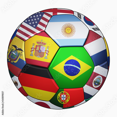 Football national team flags on a soccer ball