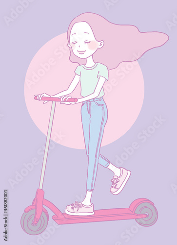Anime style cute girl riding on a pink scooter hand drawn digital illustration.