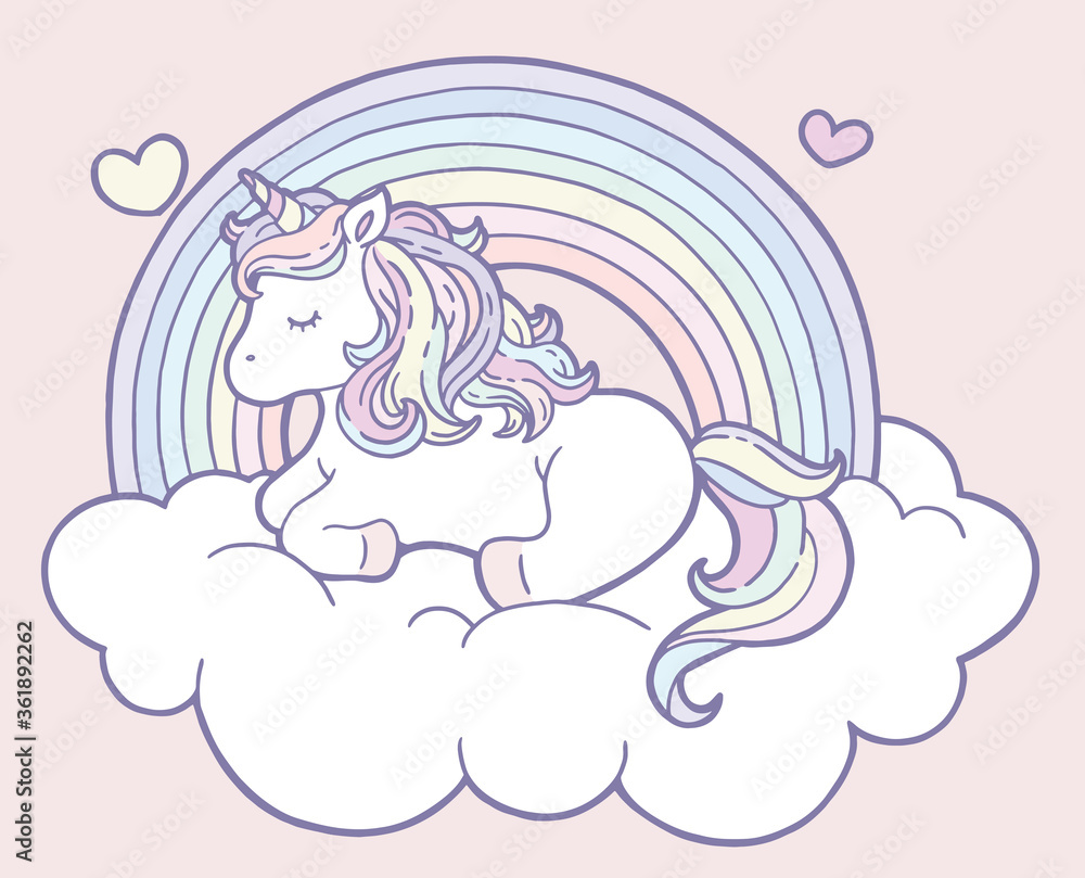 Clipart of a cute unicorn lay down on a cloud with rainbow and hearts. Clipart of a cute unicorn lay down on a cloud with rainbow and hearts.