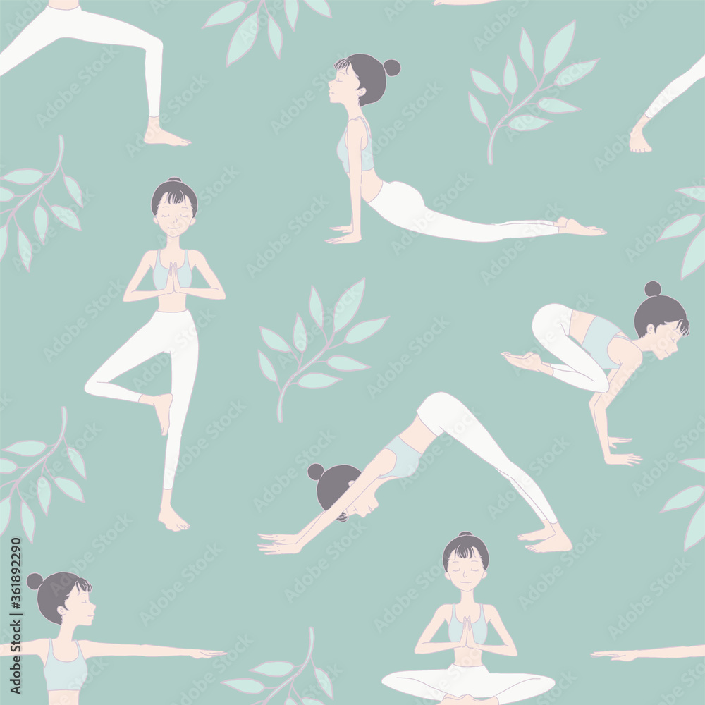Seamless pattern of various yoga pose girl with leaf branches.