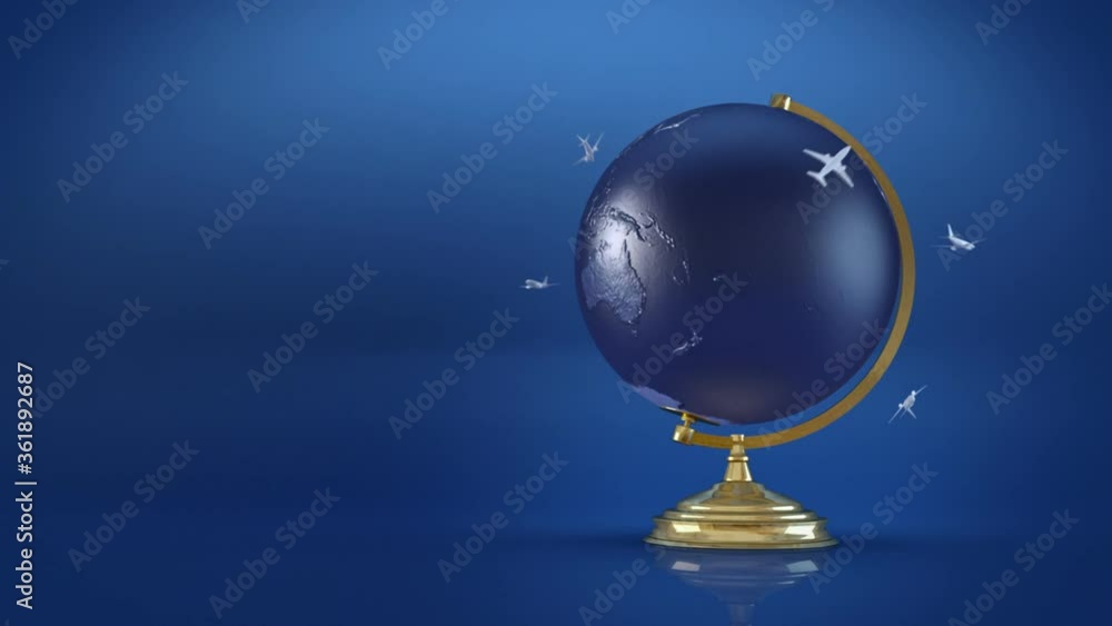 Airplanes fly around the globe on a dark blue background in 3D animation Airplanes fly around the globe on a dark blue background in 3D animation