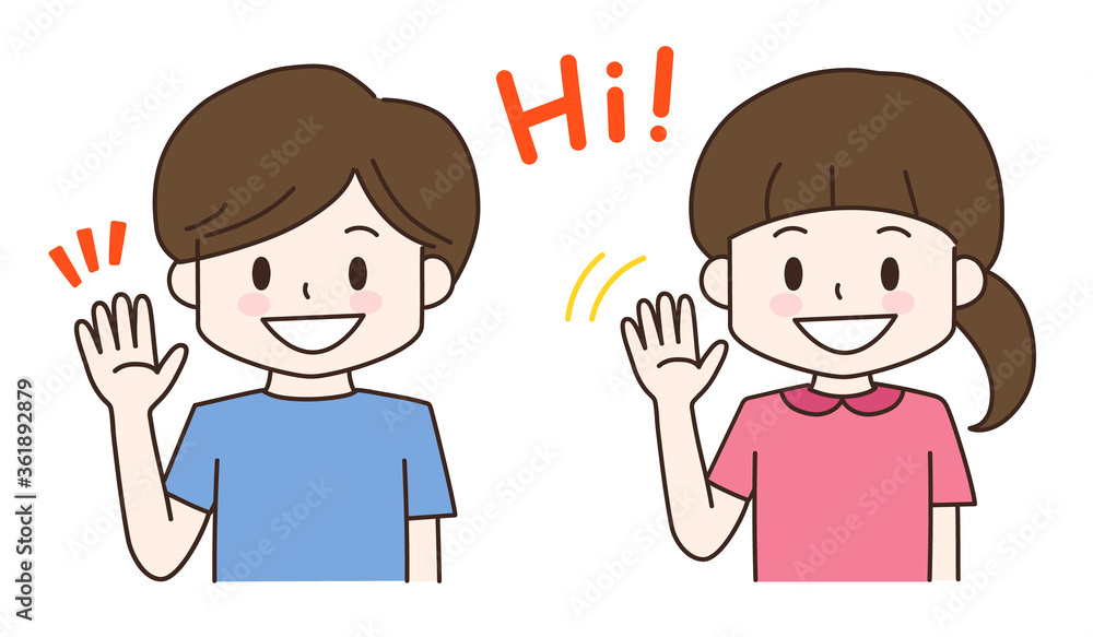 Greeting gesture of boy and girl in cartoon style. Vector illustration isolated on white background. Greeting gesture of boy and girl in cartoon style. Vector illustration isolated on white background.